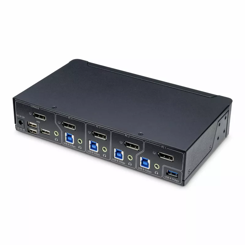 Conmutador KVM DisplayPort de 4 puertos StarTech.com, monitor único 4K 60Hz, 6 puertos USB, conmutación por botón y tecla de acceso rápido, DisplayPort 1.2, independiente del sistema operativo, conforme a TAA