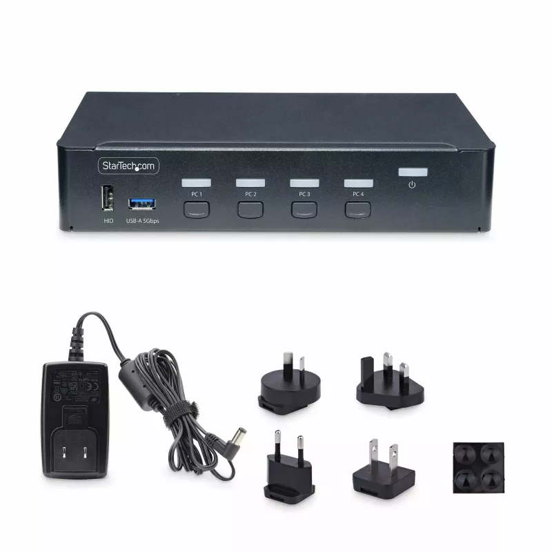 Conmutador KVM DisplayPort de 4 puertos StarTech.com, monitor único 4K 60Hz, 6 puertos USB, conmutación por botón y tecla de acceso rápido, DisplayPort 1.2, independiente del sistema operativo, conforme a TAA