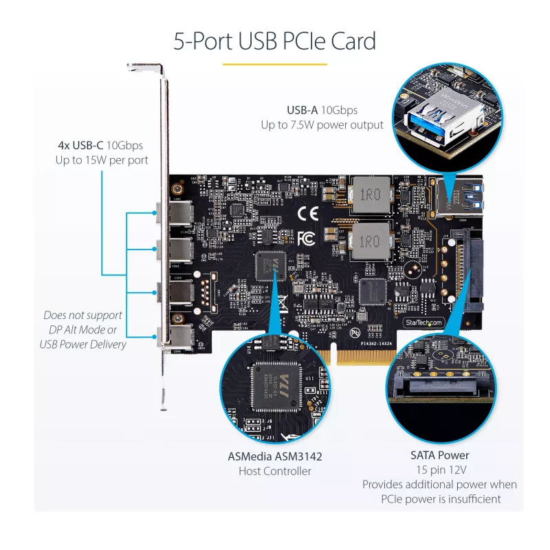 StarTech.com Tarjeta PCIe USB de 5 puertos, USB 3.2 10 Gbit/s, tarjeta PCI Express con 4 conectores USB-C, 1 conector USB-A interno, tarjeta controladora USB PCIe, Windows/macOS/Linux