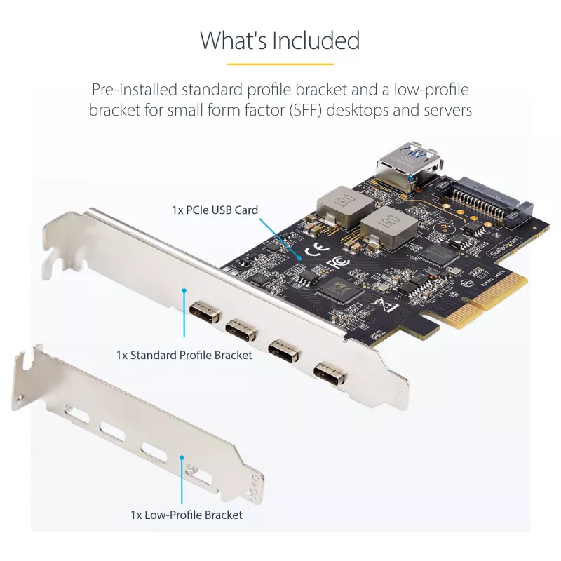 StarTech.com Tarjeta PCIe USB de 5 puertos, USB 3.2 10 Gbit/s, tarjeta PCI Express con 4 conectores USB-C, 1 conector USB-A interno, tarjeta controladora USB PCIe, Windows/macOS/Linux