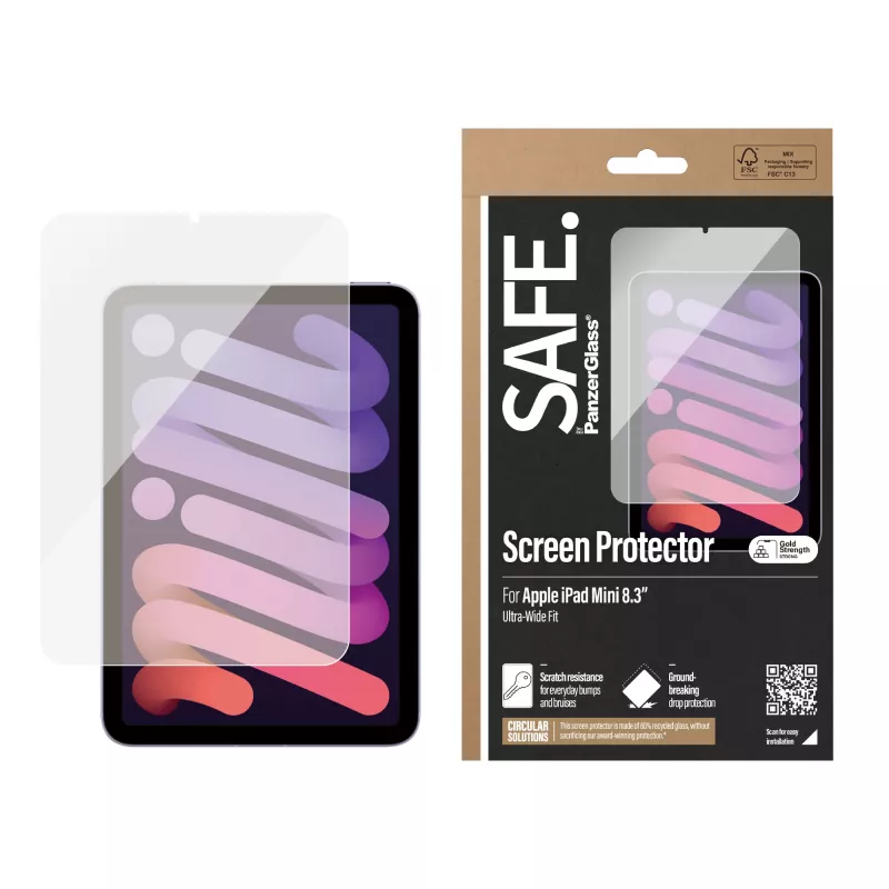 PanzerGlass SAFE. SAFE95854 protector de pantalla para iPad mini 8,3", ajuste ultra ancho, vidrio templado
