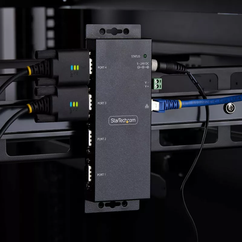 StarTech.com Adaptador de serie a Ethernet de 4 puertos, servidor de dispositivos serie IP para dispositivos RS232 remotos, montaje en pared/carril DIN, carcasa metálica, convertidor de RJ45 LAN a DB9 serie