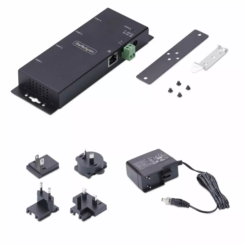 StarTech.com Adaptador de serie a Ethernet de 4 puertos, servidor de dispositivos serie IP para dispositivos RS232 remotos, montaje en pared/carril DIN, carcasa metálica, convertidor de RJ45 LAN a DB9 serie