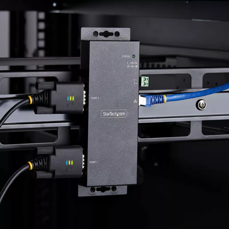 StarTech.com Adaptador de serie a Ethernet de 2 puertos, servidor de dispositivos serie IP para dispositivos RS232 remotos, montaje en pared/carril DIN, carcasa metálica, convertidor de RJ45 LAN a DB9 serie
