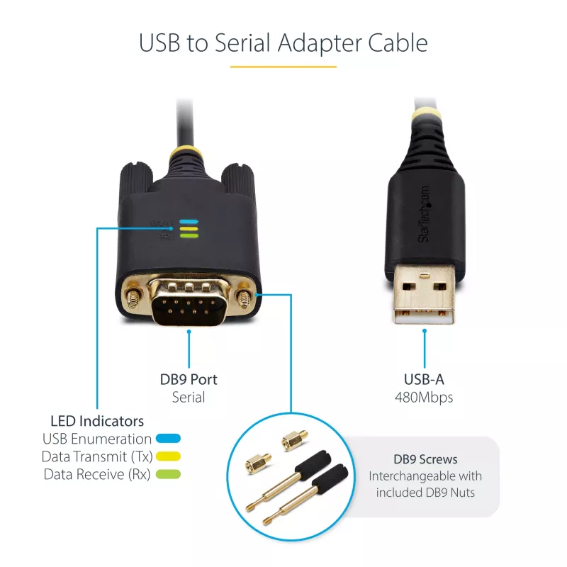 StarTech.com Cable adaptador USB a serie de 2 m, retención COM, tornillos/tuercas intercambiables, USB-A a DB9 RS232, chip FTDI, protección ESD, Windows/macOS/Linux