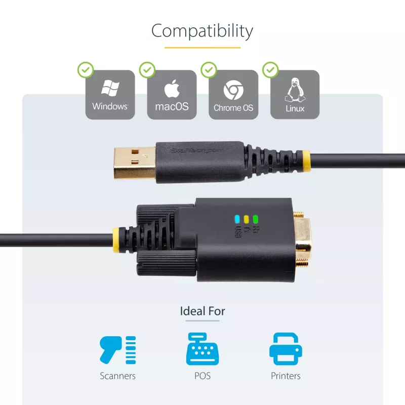 StarTech.com Cable adaptador USB a serie de 2 m, retención COM, tornillos/tuercas intercambiables, USB-A a DB9 RS232, chip FTDI, protección ESD, Windows/macOS/Linux