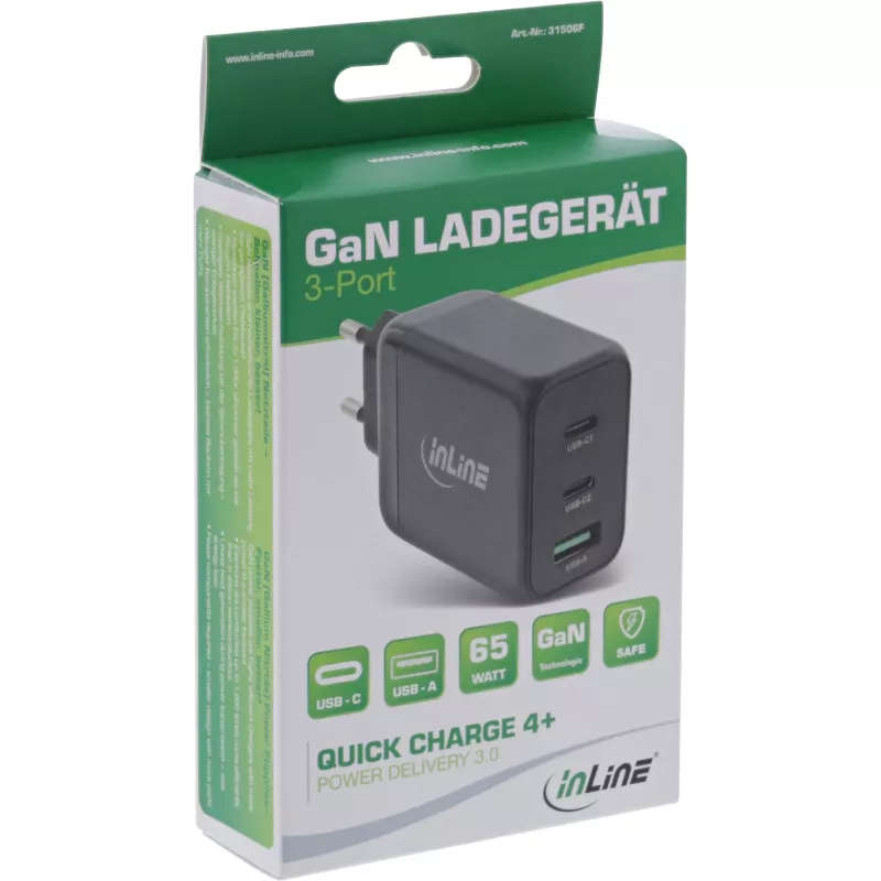 Fuente de alimentación USB PD InLine, cargador GaN, 3 puertos, Dual USB-C + USB-A, 65W