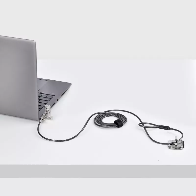 StarTech.com UNIVCS-LAPTOP-LOCK candado de cable universal para portátil, 2 m, de combinación con número de serie, Noble Wedge/Nano/K-Slot, negro/plateado, TAA