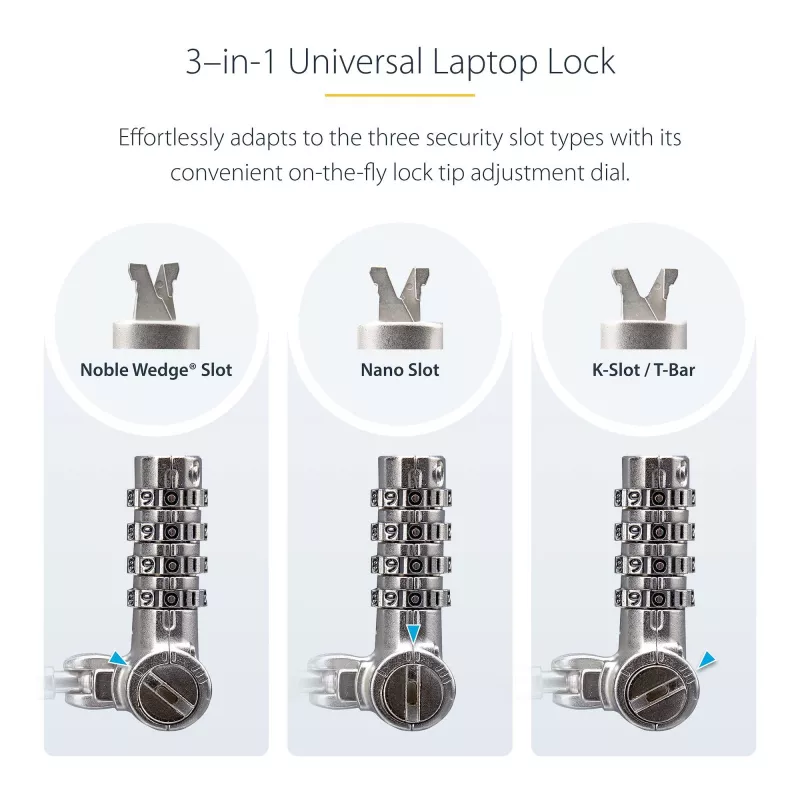 StarTech.com UNIVCS-LAPTOP-LOCK candado de cable universal para portátil, 2 m, de combinación con número de serie, Noble Wedge/Nano/K-Slot, negro/plateado, TAA