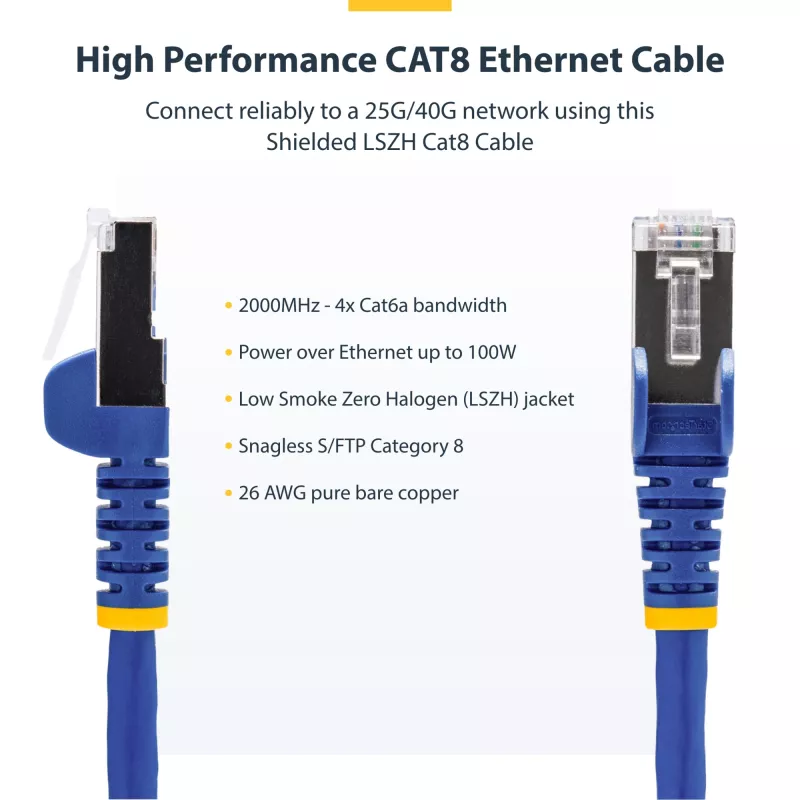 StarTech.com Cable Ethernet CAT8 de 2 m Azul, RJ45 sin lengüeta, 25G/40G, 2000 MHz, 100 W PoE++, S/FTP, 26AWG cobre desnudo puro, LSZH, cable de red patch apantallado con alivio de tensión, probado individualmente
