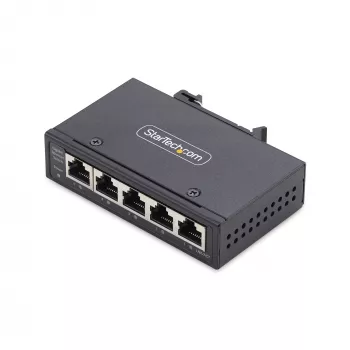StarTech.com Switch de red industrial no gestionado de 5 puertos, Ethernet 100/1000, montaje en carril DIN/pared, switch Gigabit robusto IP30, -40 °F a 167 °F, 9–60 V DC, conforme TAA