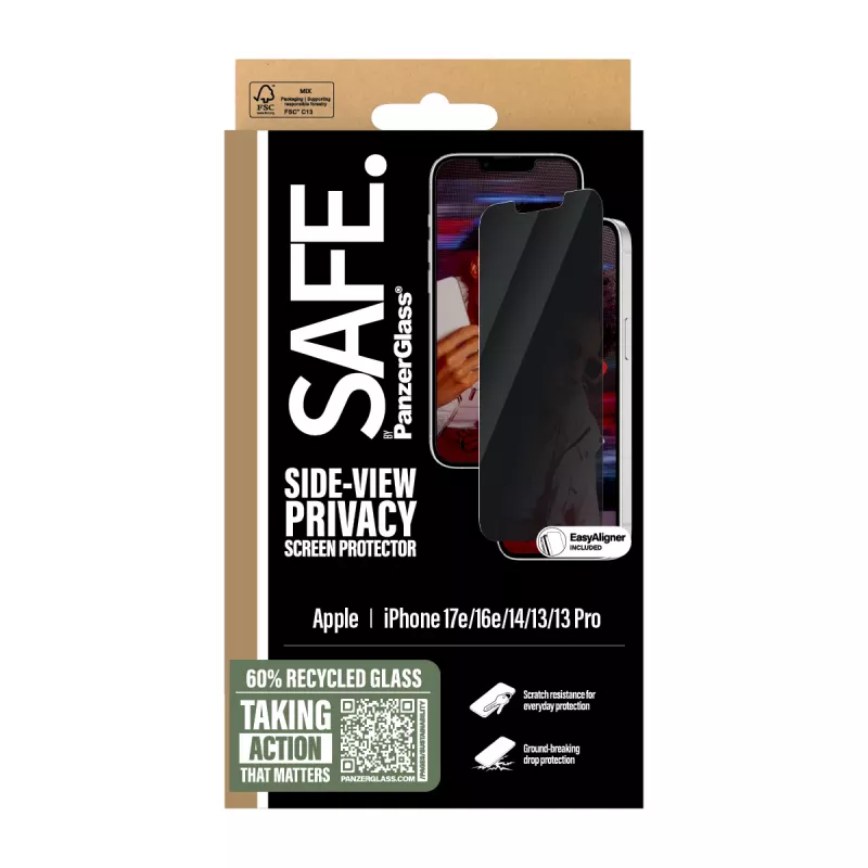 PanzerGlass SAFE. by ® protector de pantalla de privacidad iPhone 17e | 16e | 14 | 13 | 13 Pro | Ultra-Wide Fit con EasyAligner