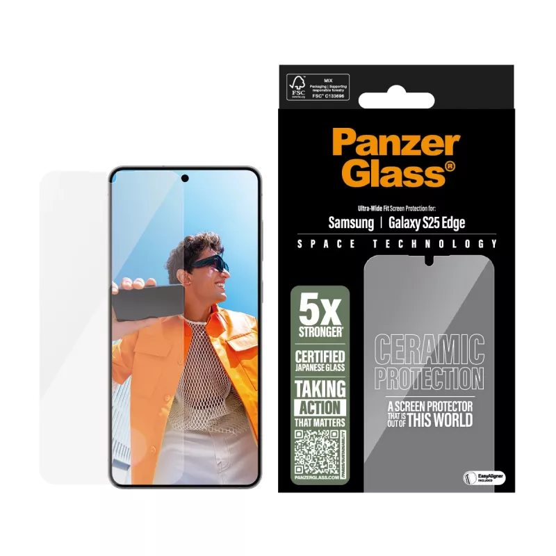 PanzerGlass ® protector de pantalla cerámico Samsung S25 Edge | Ultra-Wide Fit con EasyAligner
