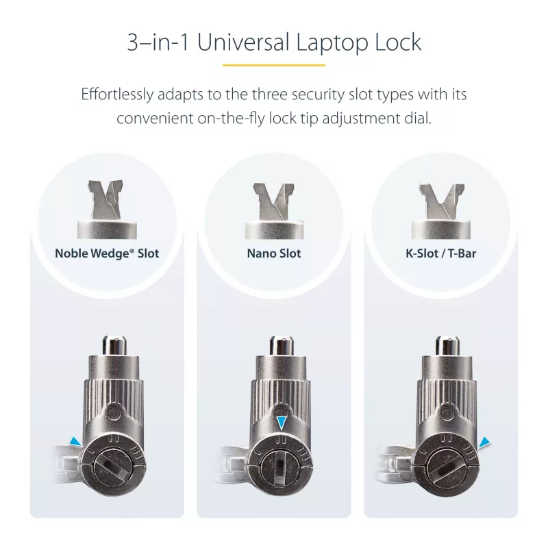 StarTech.com candado universal para portátil 2 m, cable de seguridad para portátiles compatible con Noble Wedge/Nano/K-Slot, cable de bloqueo con llave, antirrobo, cable de acero al carbono resistente a cortes