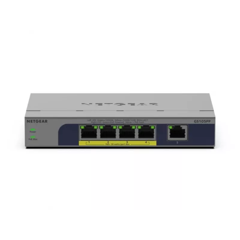 NETGEAR GS105PP Gigabit Ethernet (10/100/1000) no gestionado Power over Ethernet (PoE) montaje en escritorio/pared gris