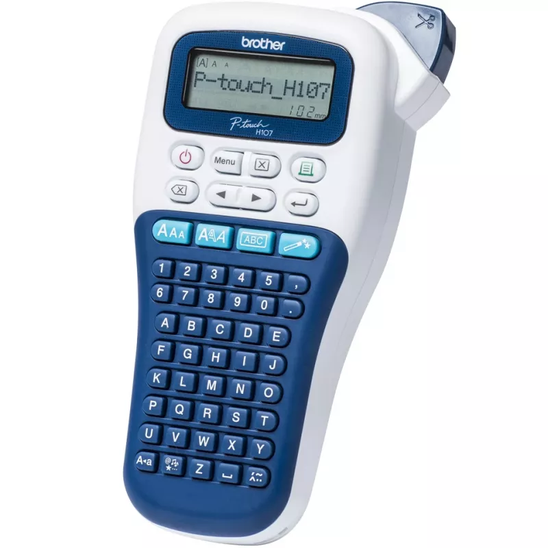 Impresora de etiquetas Brother PT-H107B — Transferencia térmica, 180×180 DPI, 20 mm/s, cintas TZe 3,5/6/9/12 mm, LCD, pila AAA