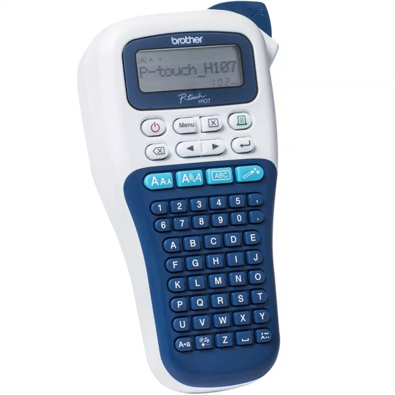 Impresora de etiquetas Brother PT-H107B — Transferencia térmica, 180×180 DPI, 20 mm/s, cintas TZe 3,5/6/9/12 mm, LCD, pila AAA