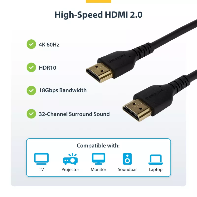 StarTech.com Cable HDMI 2.0 delgado de 1,5 m, cable HDMI Premium certificado flexible con Ethernet, UHD 4K 60Hz HDR10, diseño robusto de fibra de aramida con funda TPE