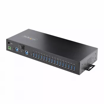 StarTech.com Hub USB industrial de 16 puertos 5Gbps con fuente de alimentación, carcasa metálica, montable, protección ESD, alimentación por regletas, función de carga USB, conmutador dual-host – TAA
