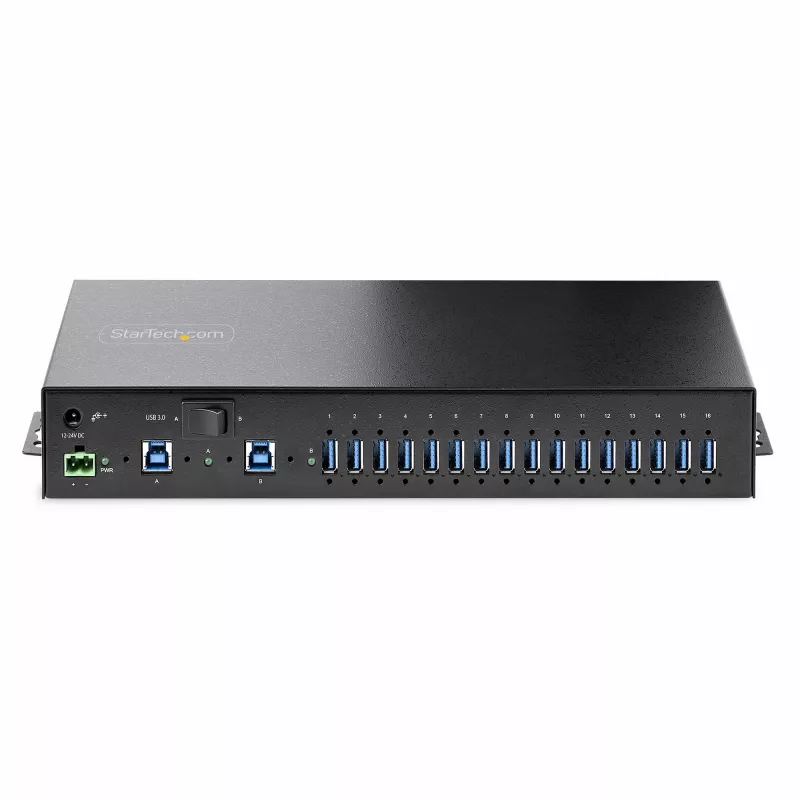 StarTech.com Hub USB industrial de 16 puertos 5Gbps con fuente de alimentación, carcasa metálica, montable, protección ESD, alimentación por regletas, función de carga USB, conmutador dual-host – TAA