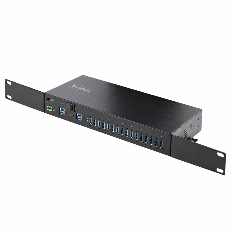 StarTech.com Hub USB industrial de 16 puertos 5Gbps con fuente de alimentación, carcasa metálica, montable, protección ESD, alimentación por regletas, función de carga USB, conmutador dual-host – TAA