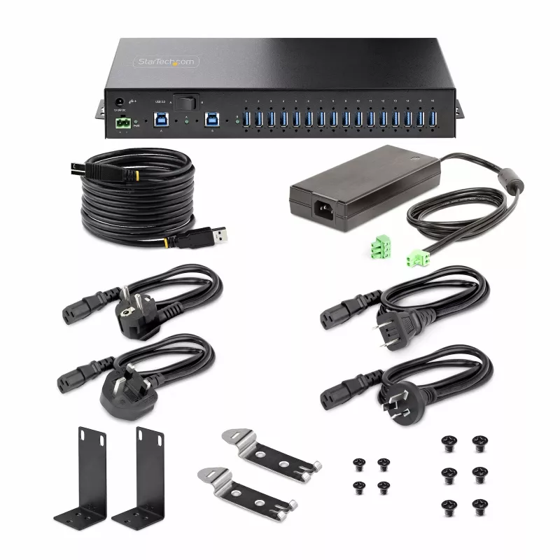 StarTech.com Hub USB industrial de 16 puertos 5Gbps con fuente de alimentación, carcasa metálica, montable, protección ESD, alimentación por regletas, función de carga USB, conmutador dual-host – TAA
