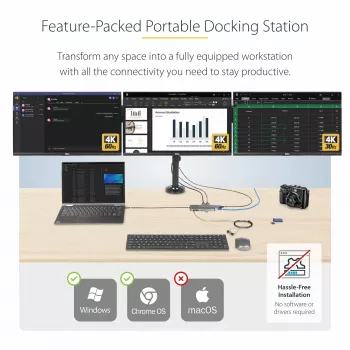StarTech.com Adaptador multipuerto USB-C para triple monitor, Dual 4K 60 Hz + 4K 30 Hz HDMI y DisplayPort, hub USB de 4 puertos, 100 W PD Pass-Through, GbE, lector de tarjetas SD/MicroSD