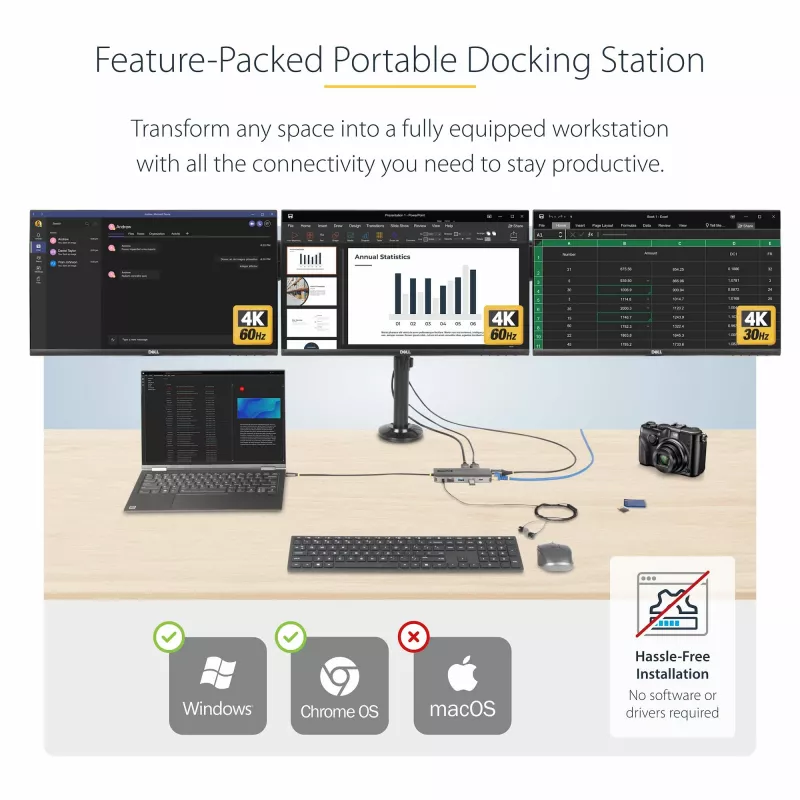 StarTech.com Adaptador multipuerto USB-C para triple monitor, Dual 4K 60 Hz + 4K 30 Hz HDMI y DisplayPort, hub USB de 4 puertos, 100 W PD Pass-Through, GbE, lector de tarjetas SD/MicroSD