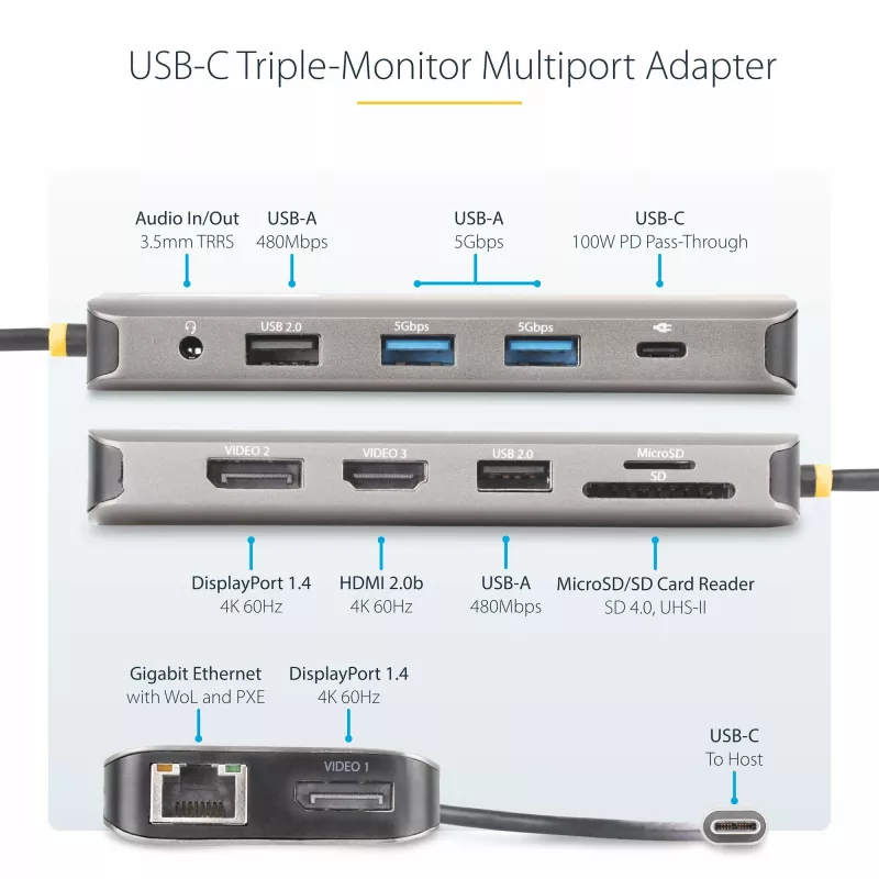 StarTech.com Adaptador multipuerto USB-C para triple monitor, Dual 4K 60 Hz + 4K 30 Hz HDMI y DisplayPort, hub USB de 4 puertos, 100 W PD Pass-Through, GbE, lector de tarjetas SD/MicroSD