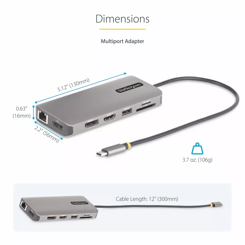StarTech.com Adaptador multipuerto USB-C para triple monitor, Dual 4K 60 Hz + 4K 30 Hz HDMI y DisplayPort, hub USB de 4 puertos, 100 W PD Pass-Through, GbE, lector de tarjetas SD/MicroSD