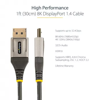StarTech.com Cable DisplayPort 1.4 de 1ft (30cm) - 8K 60Hz HDR10 - Vídeo Ultra HD 4K 120Hz - Cable DP 1.4 - Para monitores/pantallas - Cable DisplayPort a DisplayPort - M/M