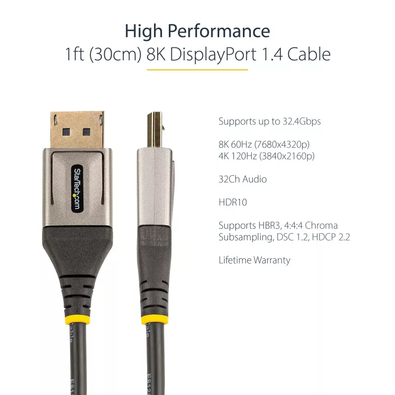 StarTech.com Cable DisplayPort 1.4 de 1ft (30cm) - 8K 60Hz HDR10 - Vídeo Ultra HD 4K 120Hz - Cable DP 1.4 - Para monitores/pantallas - Cable DisplayPort a DisplayPort - M/M