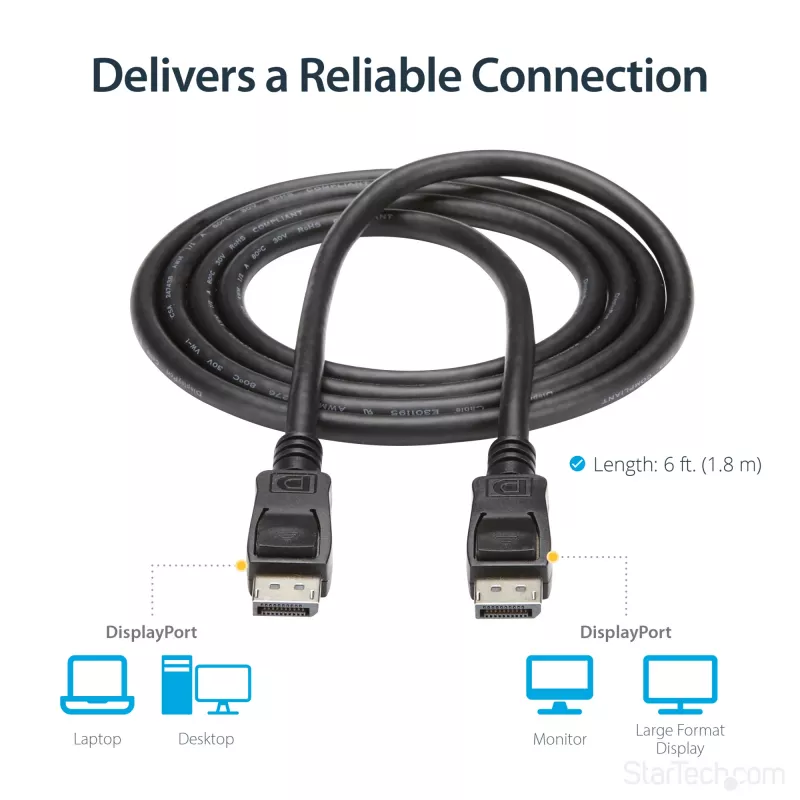 Cable DisplayPort 1.2 StarTech.com 1,8 m (6ft) – cable DisplayPort 4K x 2K Ultra HD certificado VESA – cable DP a DP para monitor – cable de vídeo/display DP – conectores macho DP con bloqueo