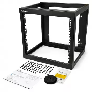 StarTech.com Rack de red de pared 9U de 19 pulgadas, 17 pulgadas de profundidad, bastidor abierto de 2 postes para sala de servidores/datos/AV/TI/comunicación/equipos informáticos/patch panel con tuercas enjauladas/tornillos, gancho/ojal, capacidad de 79 kg~Rack de red de pared 9U de 19 pulgadas, 17 pulgadas de profundidad, bastidor abierto de 2 postes para sala de