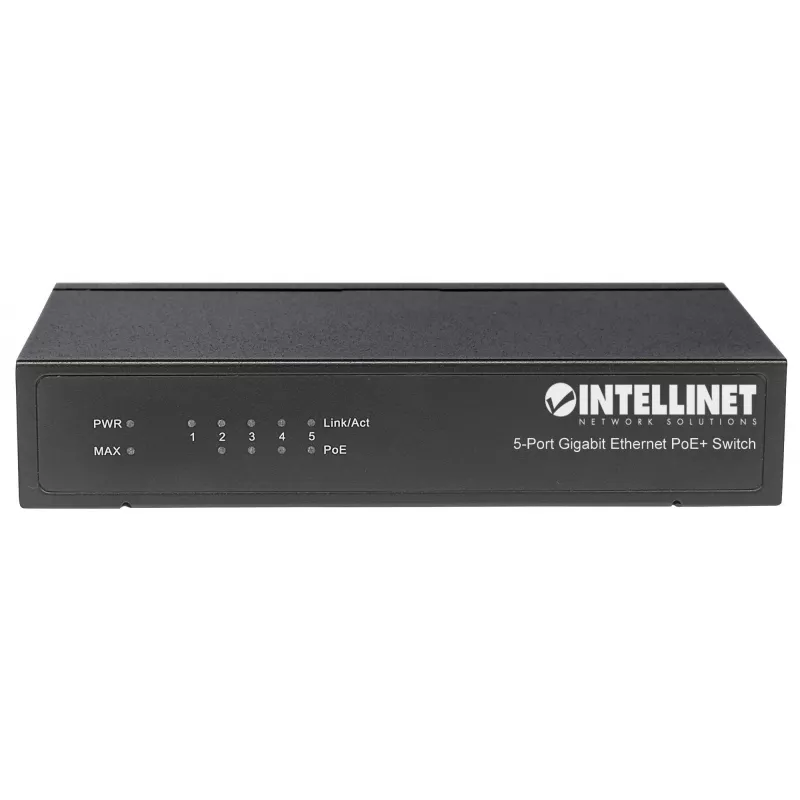 Switch Intellinet Gigabit Ethernet PoE+ de 5 puertos, 4 puertos PSE, compatible con IEEE 802.3at/af Power over Ethernet (PoE+/PoE), 60 W, sobremesa