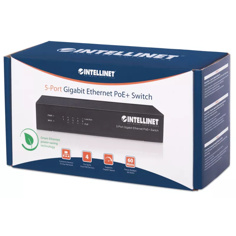 Switch Intellinet Gigabit Ethernet PoE+ de 5 puertos, 4 puertos PSE, compatible con IEEE 802.3at/af Power over Ethernet (PoE+/PoE), 60 W, sobremesa