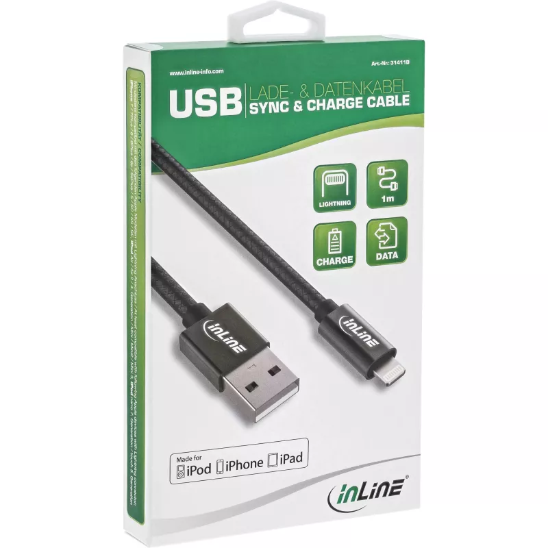 Cable USB Lightning InLine, para iPad, iPhone, iPod, negro/aluminio, 2 m certificado MFi