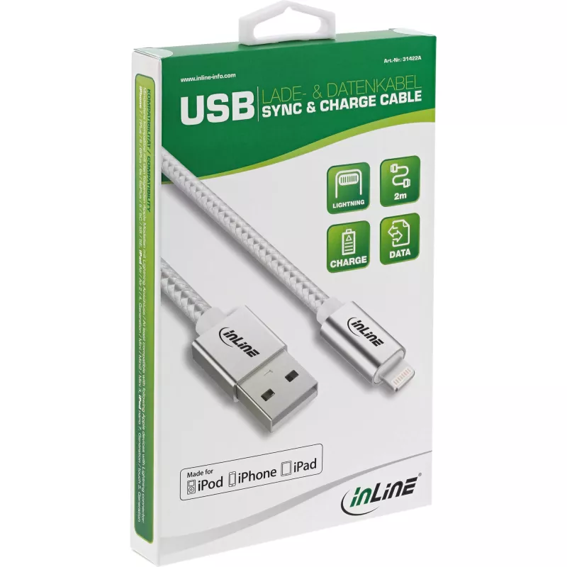 Cable USB Lightning InLine, para iPad, iPhone, iPod, plata/aluminio 1 m certificado MFi