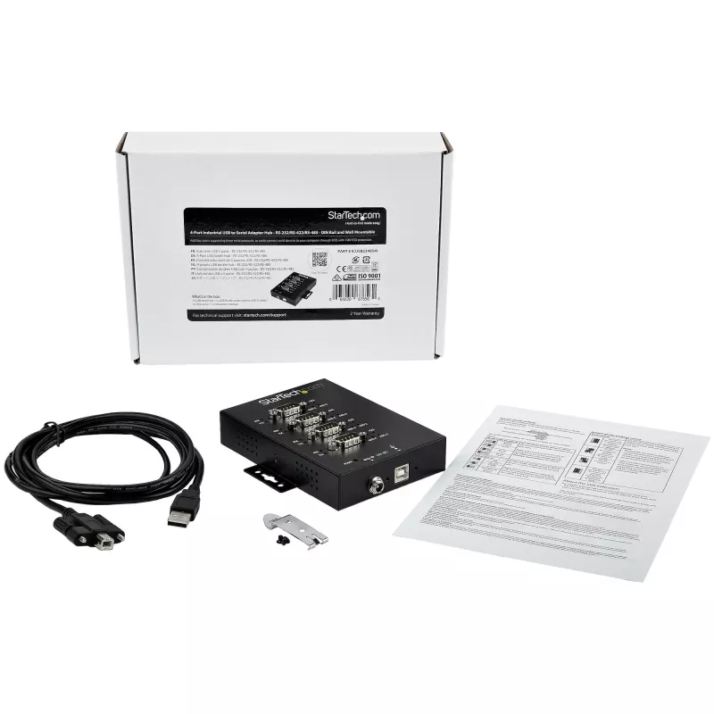 StarTech.com Hub serie de 4 puertos USB a adaptador RS232/RS485/RS422 - Hub convertidor serie USB 2.0 a DB9 industrial - Certificado IP30 - Hub serie de metal montable en carril DIN - Protección ESD de 15kV