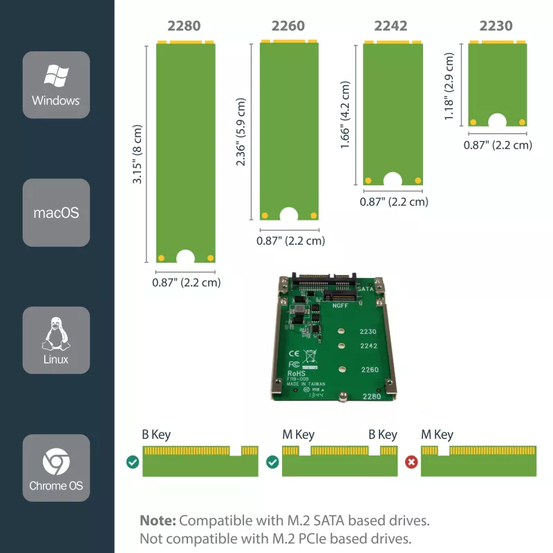 StarTech.com Adaptador de SSD M.2 SATA a SATA de 2,5 pulgadas - Convertidor M.2 NGFF a SATA - 7mm - Soporte open-frame - Adaptador de disco M2