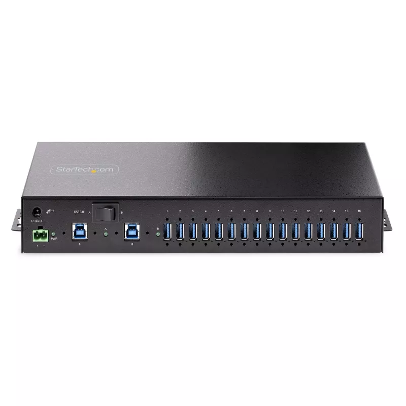 StarTech.com Hub USB 3.0 industrial de 16 puertos 5Gbps, metal, montaje DIN/superficie/rack, protección ESD, alimentación por bloque de terminales, hasta 120 W de carga USB compartida, hub/switch dual-host
