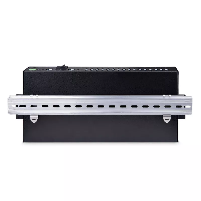 StarTech.com Hub USB 3.0 industrial de 16 puertos 5Gbps, metal, montaje DIN/superficie/rack, protección ESD, alimentación por bloque de terminales, hasta 120 W de carga USB compartida, hub/switch dual-host