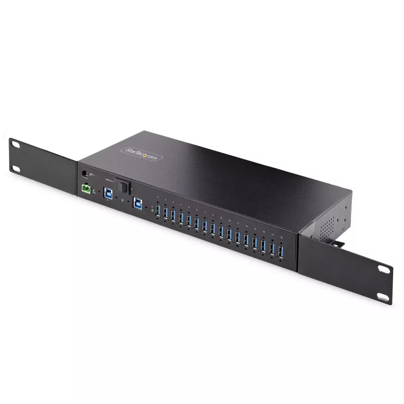 StarTech.com Hub USB 3.0 industrial de 16 puertos 5Gbps, metal, montaje DIN/superficie/rack, protección ESD, alimentación por bloque de terminales, hasta 120 W de carga USB compartida, hub/switch dual-host