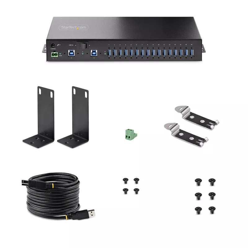 StarTech.com Hub USB 3.0 industrial de 16 puertos 5Gbps, metal, montaje DIN/superficie/rack, protección ESD, alimentación por bloque de terminales, hasta 120 W de carga USB compartida, hub/switch dual-host