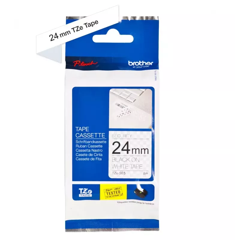 Cinta de etiquetar Brother TZE-SE5 — 24 mm x 8 m, negro sobre blanco