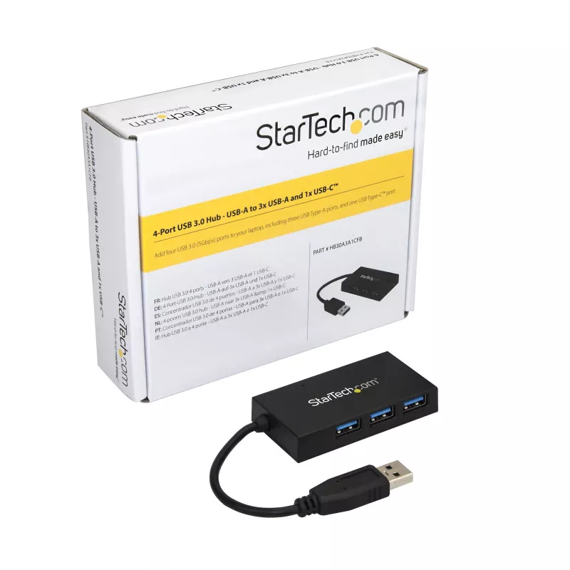 StarTech.com Hub USB 3.0 de 4 puertos - Hub USB Type-A con 1x USB-C y 3x USB-A (SuperSpeed 5 Gbit/s) - Alimentación por bus USB - Hub adaptador USB 3.1 Gen 1 - Hub USB portátil/para portátil