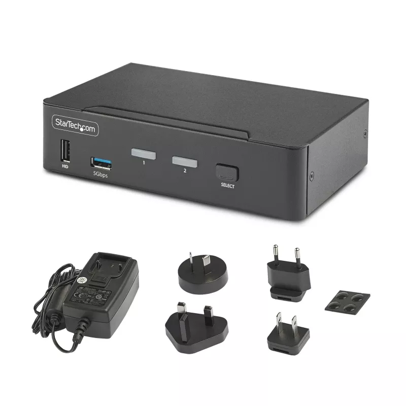 StarTech.com Switch KVM DisplayPort de 2 puertos, 8K 60Hz / 4K 144Hz, pantalla única, DP 1.4, 2x puertos USB 3.0, 4x puertos USB 2.0 HID, conmutación por botón y tecla de acceso rápido, conforme TAA - independiente del sistema operativo, carcasa de metal