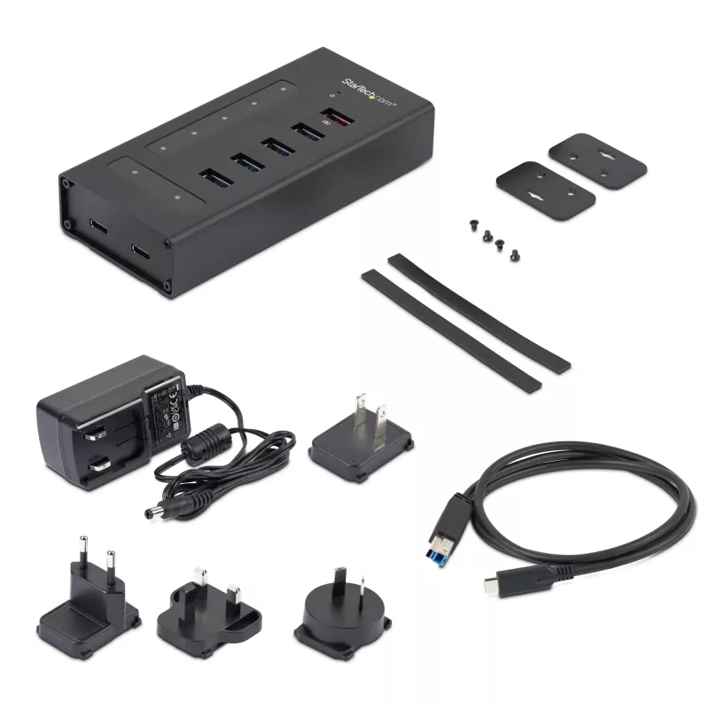 StarTech.com HB30C5A2CST hub USB 3.0 de 7 puertos, USB-C a 5x USB-A y 2x USB-C, puerto de carga rápida, industrial, metálico