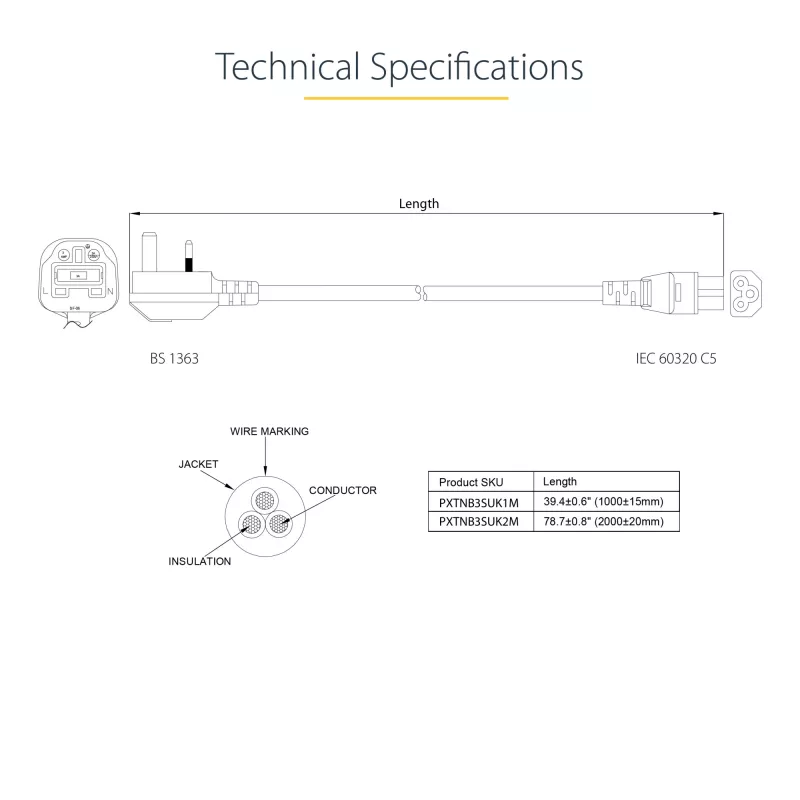 StarTech.com cable de alimentación para portátil UK de 3ft (1 m), BS 1363 a C5 (trébol), 2,5A 250V, 18AWG, cable de repuesto para portátil UK, cable de alimentación para impresora, cable de carga para portátil, cable de fuente de alimentación para portátil