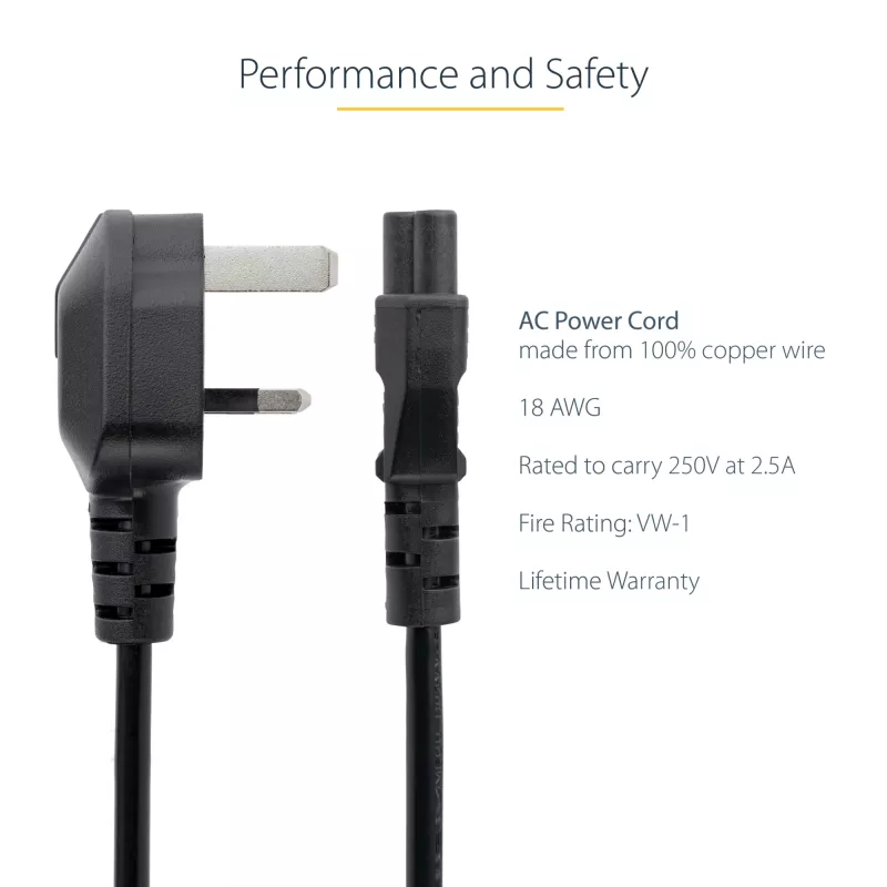 StarTech.com cable de alimentación para portátil UK de 3ft (1 m), BS 1363 a C5 (trébol), 2,5A 250V, 18AWG, cable de repuesto para portátil UK, cable de alimentación para impresora, cable de carga para portátil, cable de fuente de alimentación para portátil